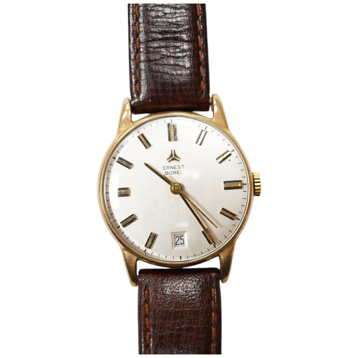 A gentleman's 9ct gold Ernest Borel manual wind wrist watch, with baton numerals and date aperture, case diameter 31mm, on a leather strap. Condition - fair